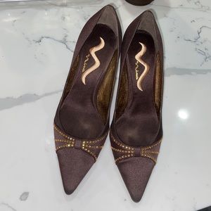 Ninashoes on Sale classy Brown Satin heel gold rhinestone women 8.5